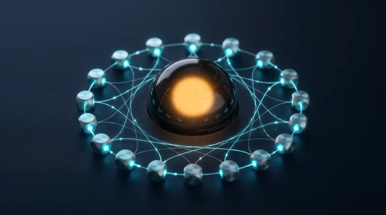 FastAPI microservices architecture, shown as a glowing compute core ringed by lightweight worker processes