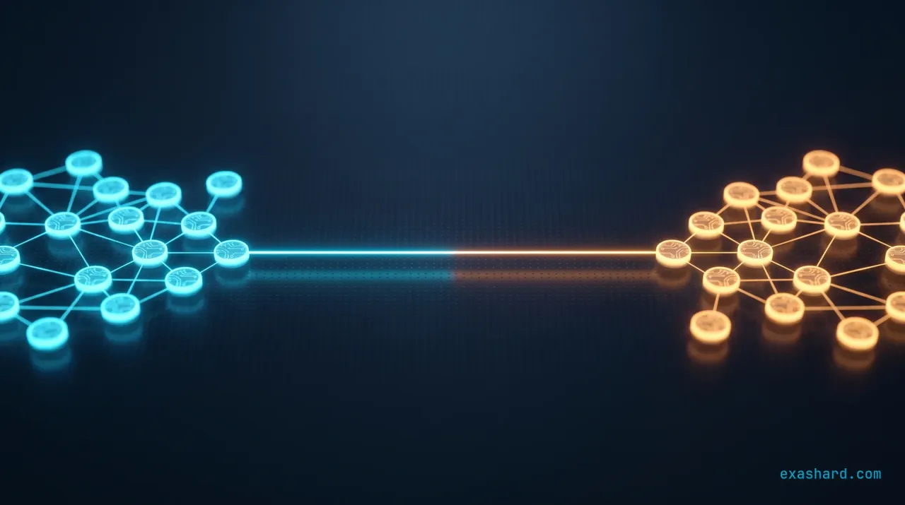 Bounded contexts in microservices, shown as two self-contained domains separated by a clean luminous interface