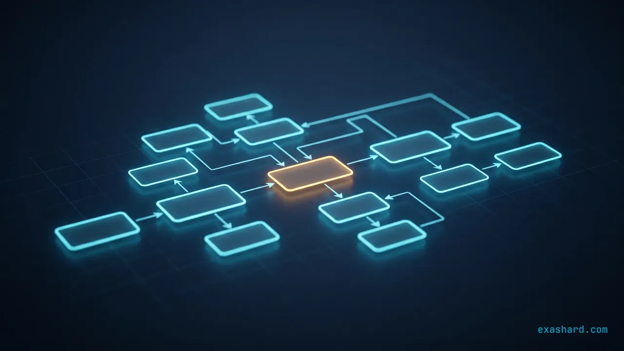 System design interview, shown as an abstract architecture diagram of cyan nodes and arrows with one amber component